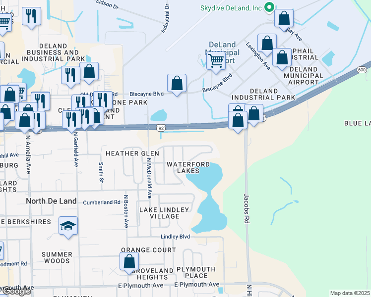 map of restaurants, bars, coffee shops, grocery stores, and more near 1409 Cottage Hill Drive in DeLand