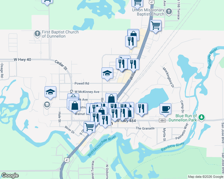 map of restaurants, bars, coffee shops, grocery stores, and more near 20473 West McKinney Avenue in Dunnellon