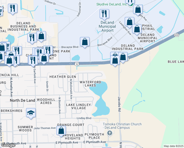 map of restaurants, bars, coffee shops, grocery stores, and more near 916 Lake Lindley Drive North in DeLand