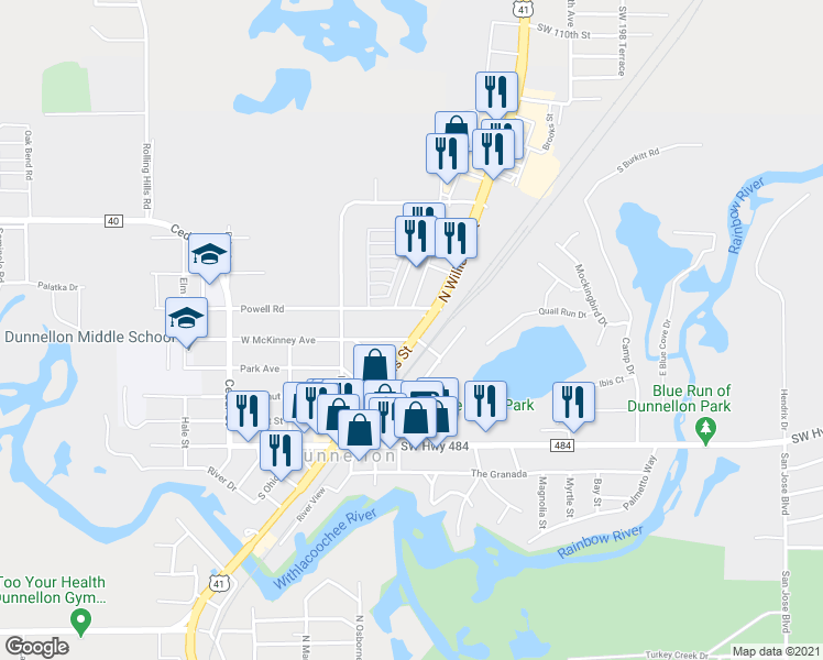 map of restaurants, bars, coffee shops, grocery stores, and more near 11716 North Williams Street in Dunnellon