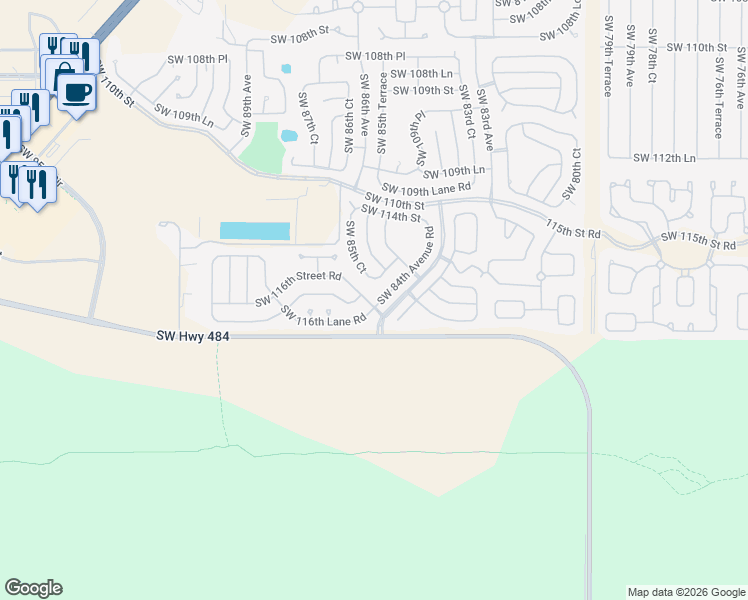 map of restaurants, bars, coffee shops, grocery stores, and more near 11590 Southwest 84th Avenue Road in Ocala
