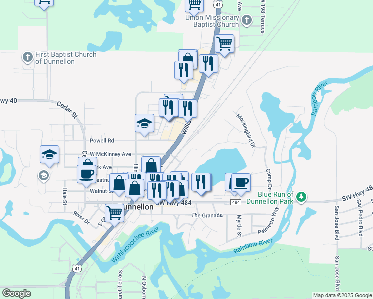 map of restaurants, bars, coffee shops, grocery stores, and more near 11734 Bostick Street in Dunnellon