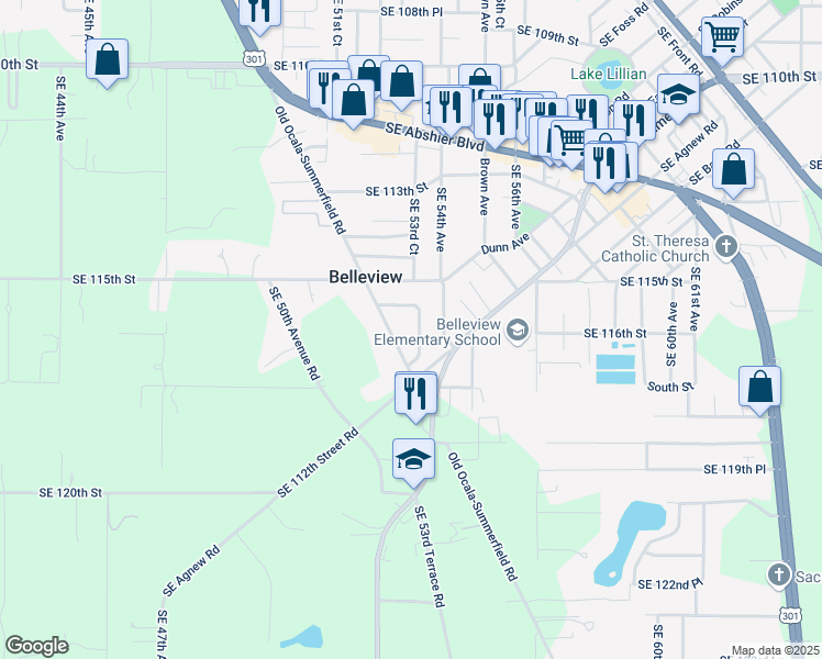 map of restaurants, bars, coffee shops, grocery stores, and more near 11560 Southeast 53rd Court in Belleview