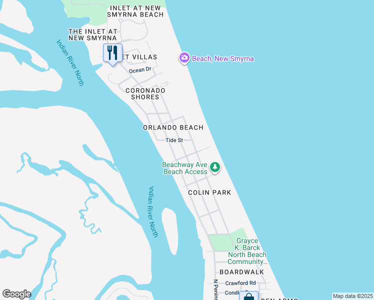 map of restaurants, bars, coffee shops, grocery stores, and more near 1509 Beacon Street in New Smyrna Beach