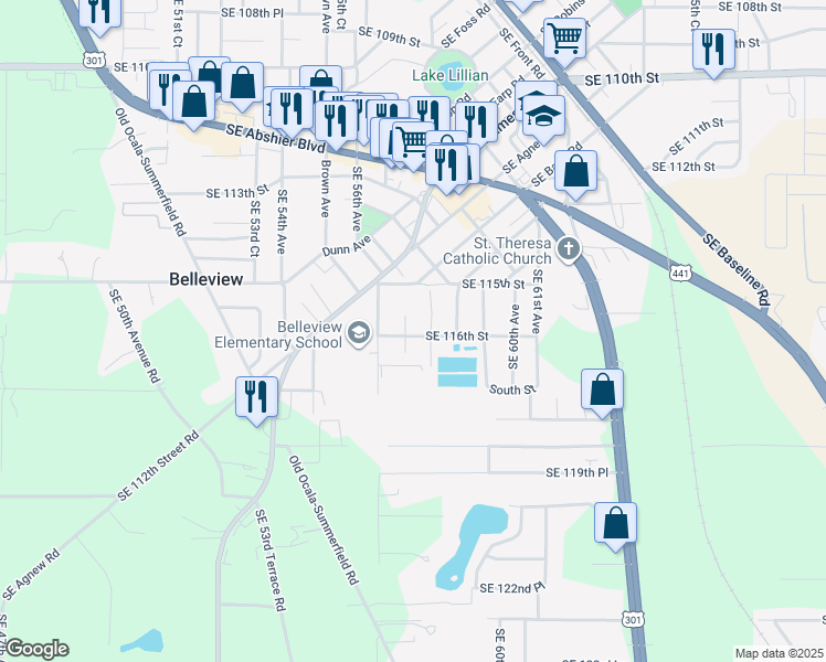 map of restaurants, bars, coffee shops, grocery stores, and more near 5737 Center Street in Belleview