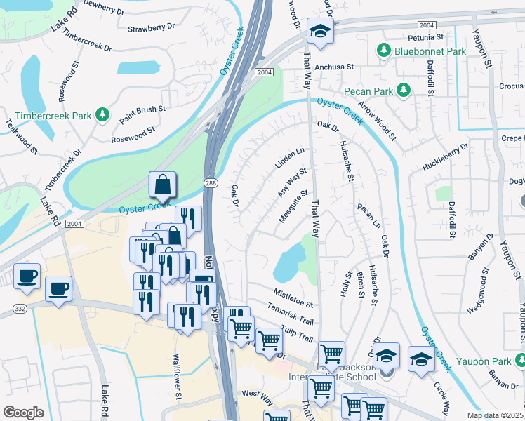 map of restaurants, bars, coffee shops, grocery stores, and more near 213 Any Way St in Lake Jackson