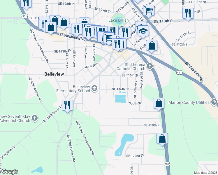 map of restaurants, bars, coffee shops, grocery stores, and more near 5737 Southeast 116th Street in Belleview