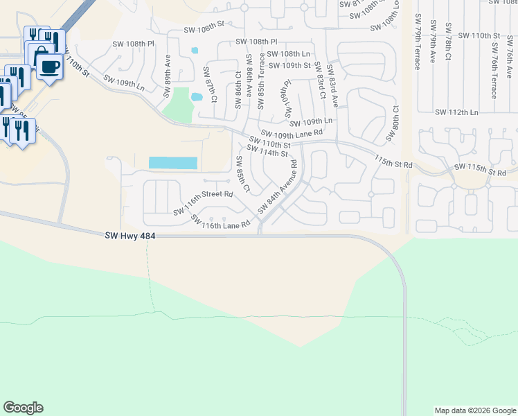 map of restaurants, bars, coffee shops, grocery stores, and more near 11590 Southwest 84th Avenue Road in Ocala