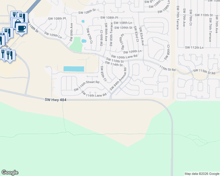 map of restaurants, bars, coffee shops, grocery stores, and more near 11590 Southwest 84th Avenue Road in Ocala