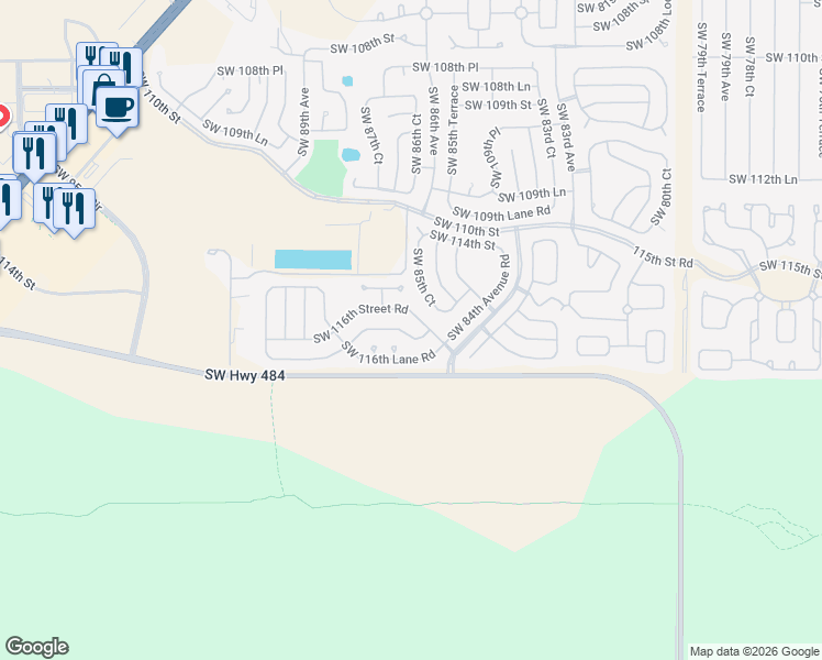 map of restaurants, bars, coffee shops, grocery stores, and more near 8679 Southwest 116th Place Road in Ocala