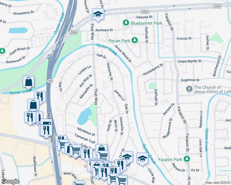 map of restaurants, bars, coffee shops, grocery stores, and more near 121 Pecan Lane in Lake Jackson
