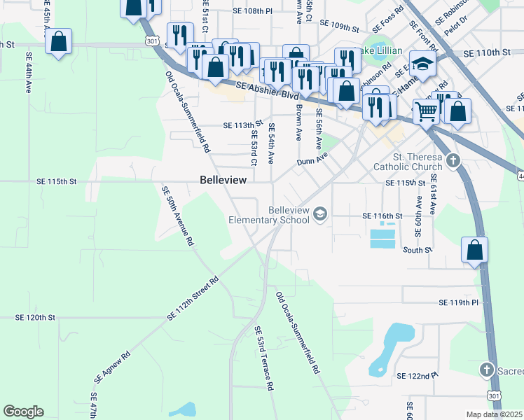 map of restaurants, bars, coffee shops, grocery stores, and more near 11560 Southeast 53rd Court in Belleview