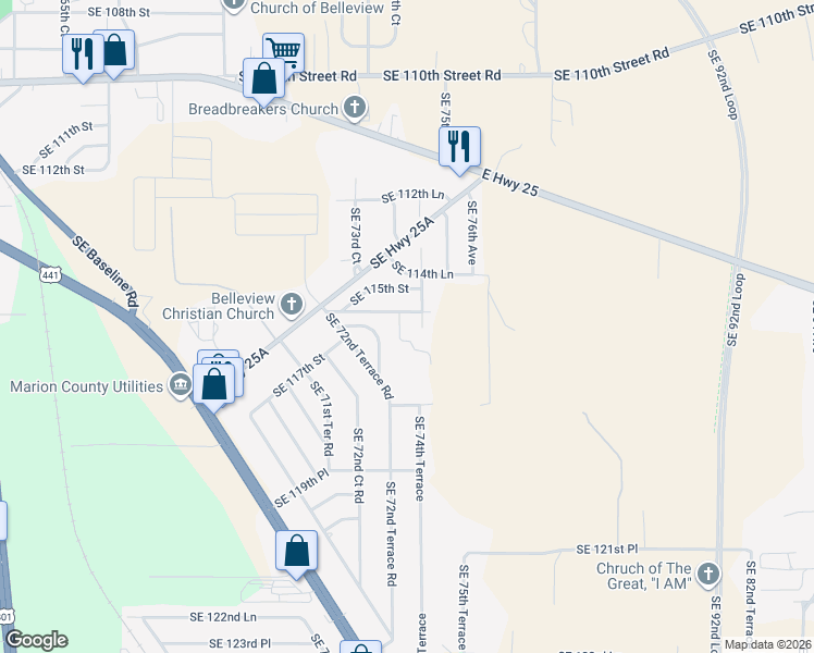 map of restaurants, bars, coffee shops, grocery stores, and more near in Belleview