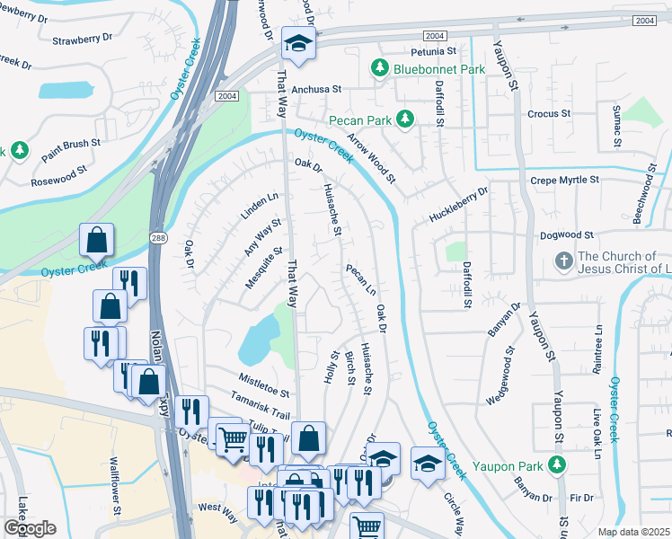map of restaurants, bars, coffee shops, grocery stores, and more near 121 Pecan Lane in Lake Jackson