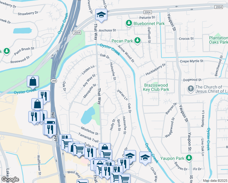 map of restaurants, bars, coffee shops, grocery stores, and more near 121 Pecan Lane in Lake Jackson