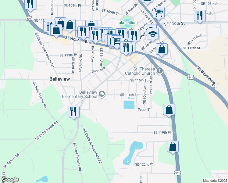map of restaurants, bars, coffee shops, grocery stores, and more near 5737 Southeast 116th Street in Belleview