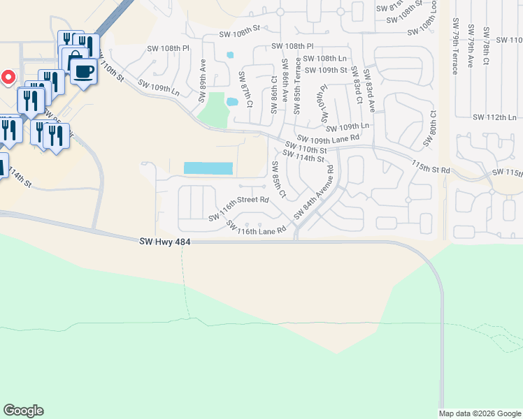 map of restaurants, bars, coffee shops, grocery stores, and more near 8679 Southwest 116th Place Road in Ocala