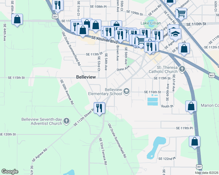 map of restaurants, bars, coffee shops, grocery stores, and more near 11557 Southeast 54th Avenue in Belleview