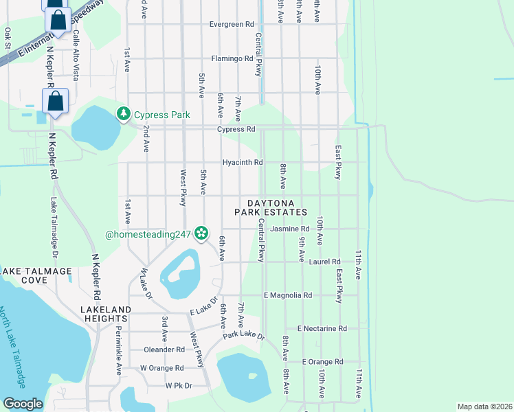 map of restaurants, bars, coffee shops, grocery stores, and more near 1450 Central Parkway in DeLand
