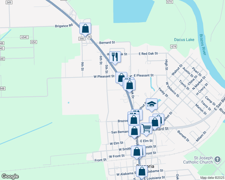 map of restaurants, bars, coffee shops, grocery stores, and more near Elmer Street in Brazoria