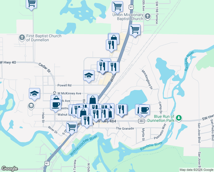 map of restaurants, bars, coffee shops, grocery stores, and more near 11716 N Williams St in Dunnellon