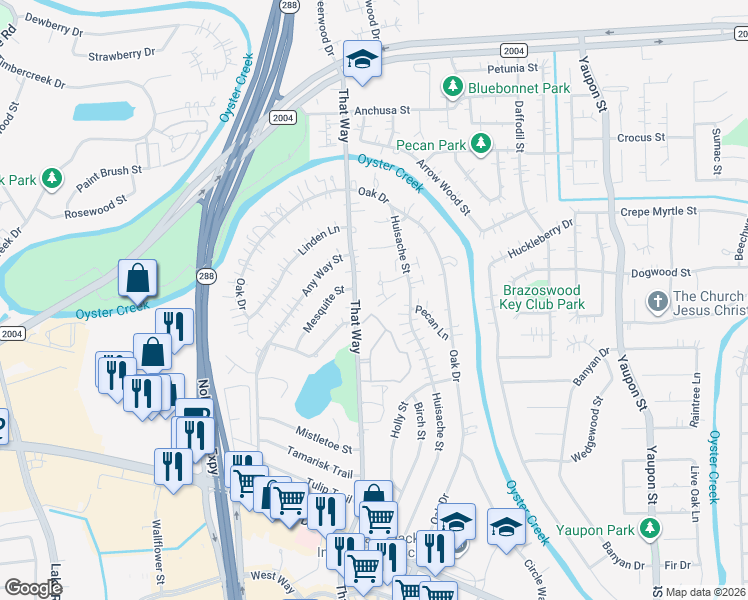 map of restaurants, bars, coffee shops, grocery stores, and more near 514 That Way in Lake Jackson