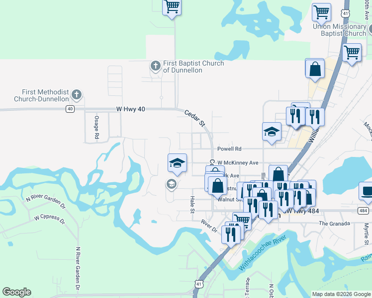 map of restaurants, bars, coffee shops, grocery stores, and more near 20929 West McKinney Avenue in Dunnellon