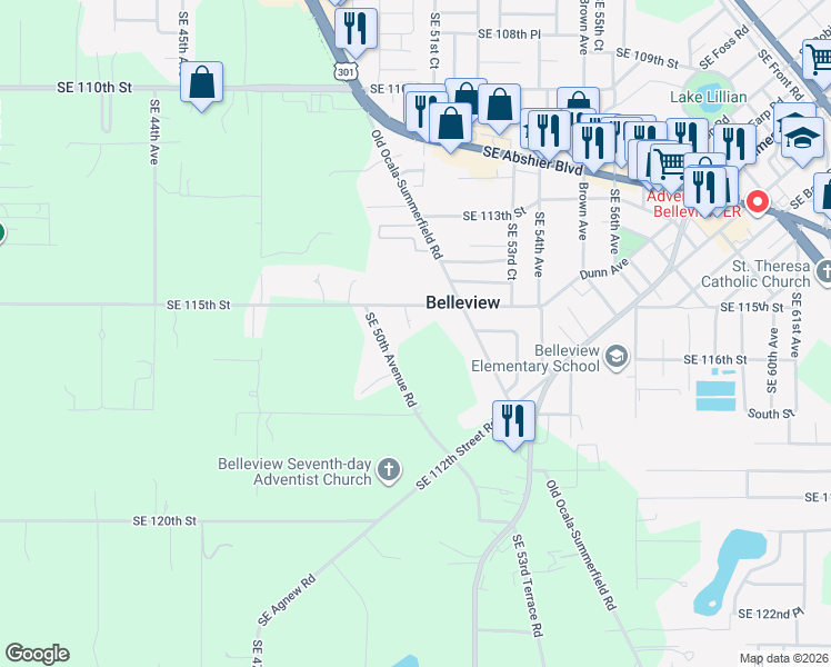 map of restaurants, bars, coffee shops, grocery stores, and more near 5096 Southeast 115th Street in Belleview