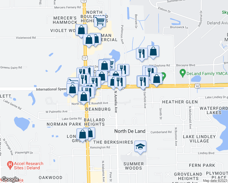 map of restaurants, bars, coffee shops, grocery stores, and more near 250 East International Speedway Boulevard in DeLand