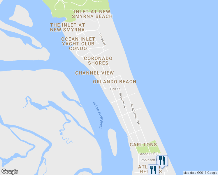 map of restaurants, bars, coffee shops, grocery stores, and more near 204 Tide Street in New Smyrna Beach
