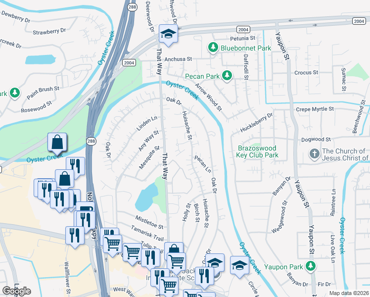 map of restaurants, bars, coffee shops, grocery stores, and more near 64 Fern Court in Lake Jackson