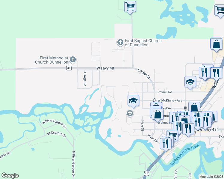 map of restaurants, bars, coffee shops, grocery stores, and more near 21181 Palatka Drive in Dunnellon