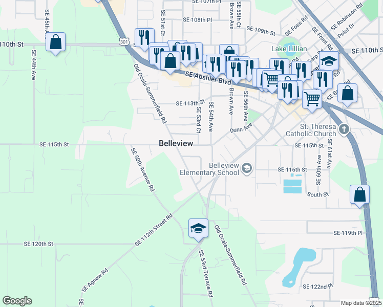 map of restaurants, bars, coffee shops, grocery stores, and more near 5301 Southeast 115th Place in Belleview