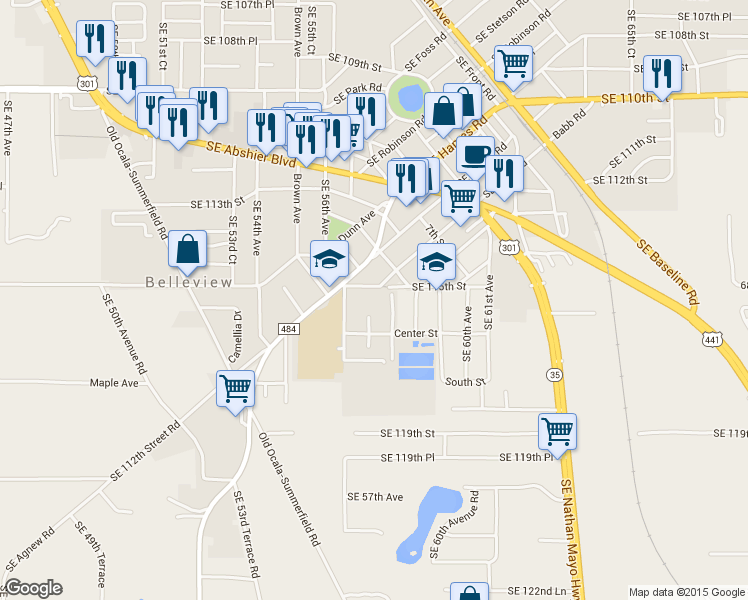 map of restaurants, bars, coffee shops, grocery stores, and more near 5750 Southeast 115th Street in Belleview