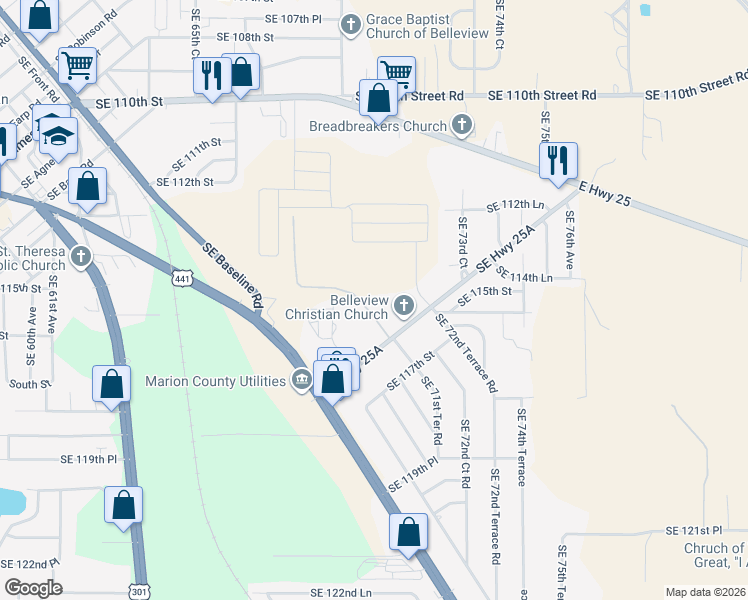 map of restaurants, bars, coffee shops, grocery stores, and more near 11515 Southeast 71st Terrace Road in Belleview