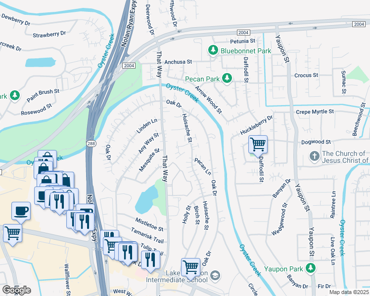 map of restaurants, bars, coffee shops, grocery stores, and more near 64 Fern Court in Lake Jackson