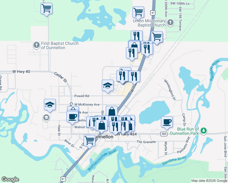 map of restaurants, bars, coffee shops, grocery stores, and more near Ash St in Dunnellon
