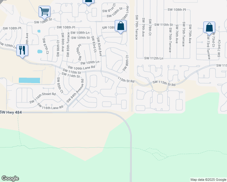 map of restaurants, bars, coffee shops, grocery stores, and more near 11480 Southwest 82nd Court Road in Ocala