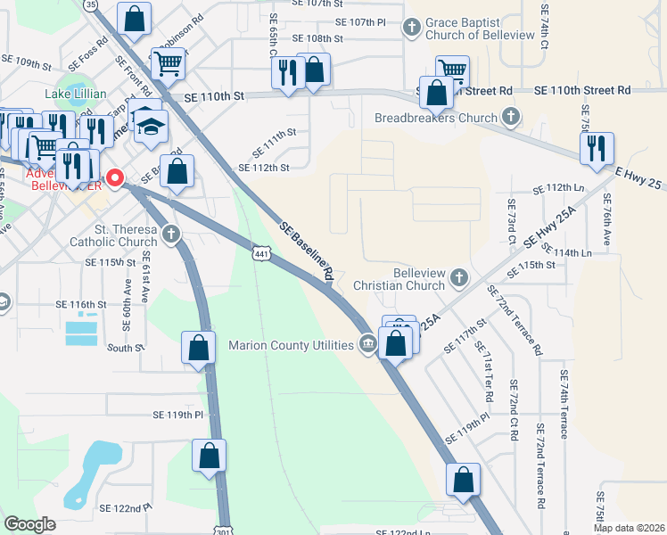 map of restaurants, bars, coffee shops, grocery stores, and more near 11547 U.S. 441 in Belleview