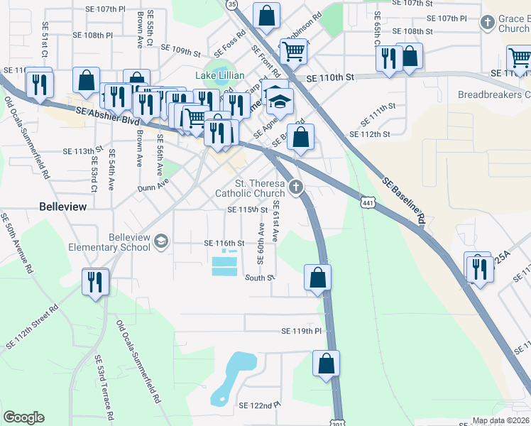map of restaurants, bars, coffee shops, grocery stores, and more near 11531 Southeast 60th Avenue in Belleview