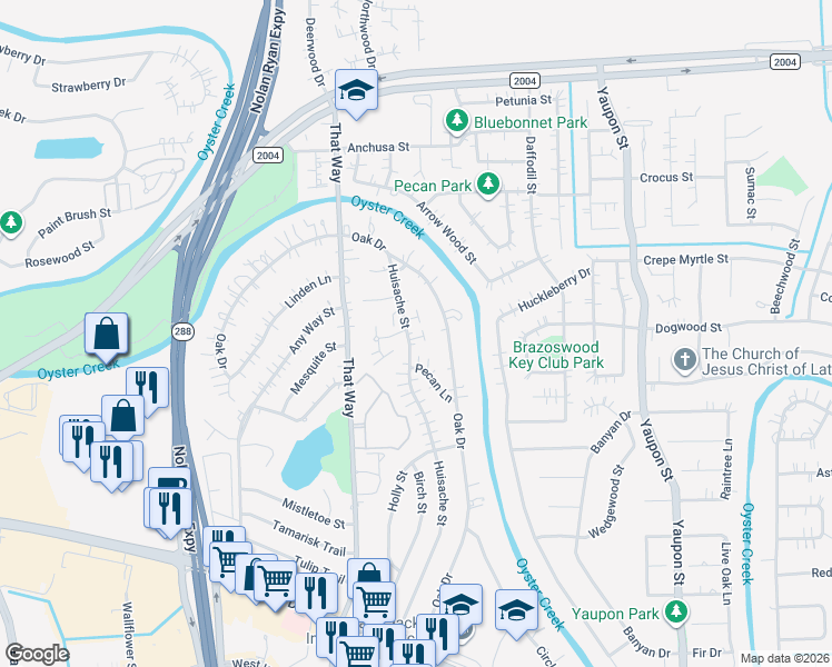 map of restaurants, bars, coffee shops, grocery stores, and more near 302 Huisache Street in Lake Jackson