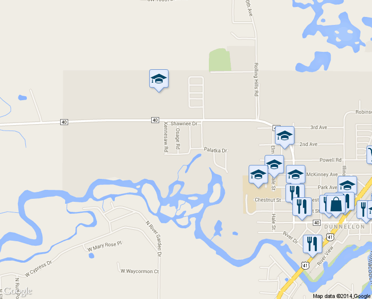 map of restaurants, bars, coffee shops, grocery stores, and more near 11602 Seminole Road in Dunnellon