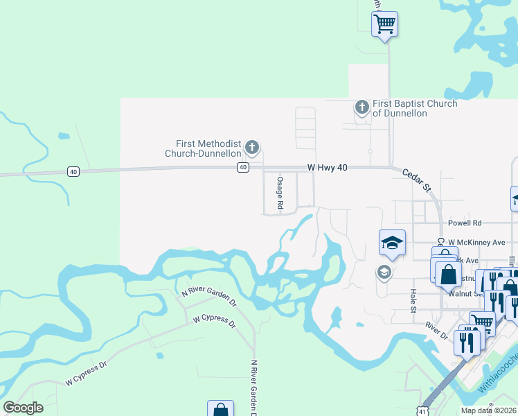 map of restaurants, bars, coffee shops, grocery stores, and more near 11605 Kennesaw Road in Dunnellon