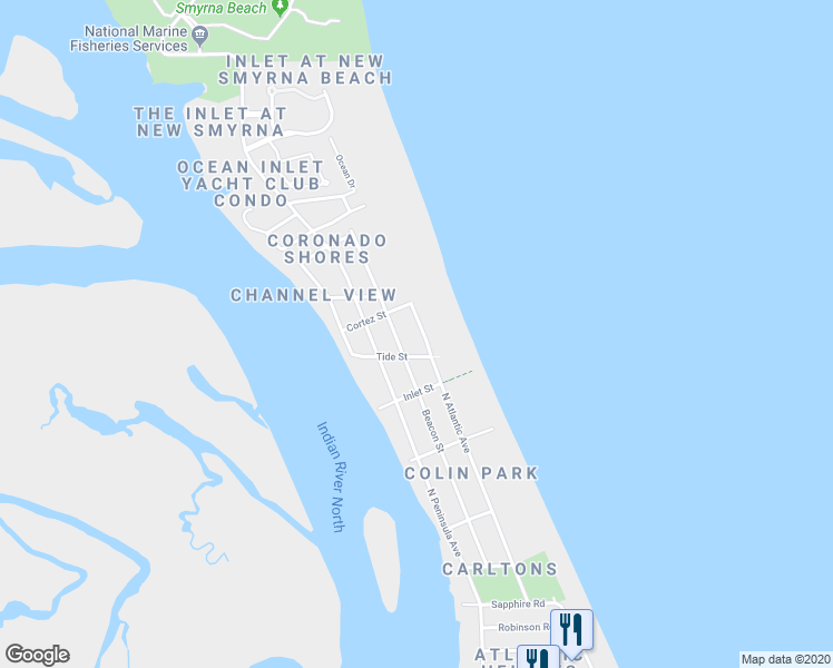 map of restaurants, bars, coffee shops, grocery stores, and more near 1632 North Atlantic Avenue in New Smyrna Beach