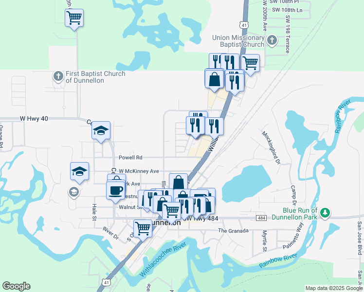 map of restaurants, bars, coffee shops, grocery stores, and more near Ash Street in Dunnellon