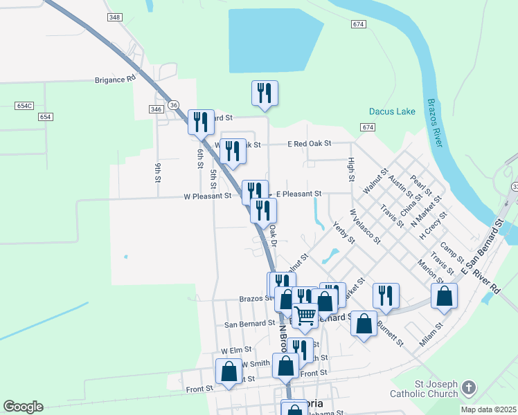 map of restaurants, bars, coffee shops, grocery stores, and more near 800 North Brooks Street in Brazoria