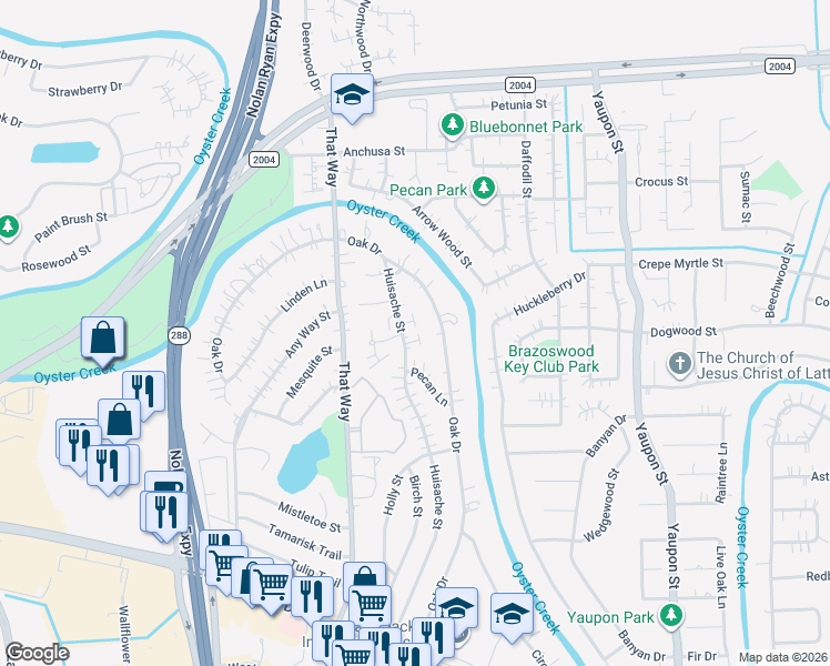 map of restaurants, bars, coffee shops, grocery stores, and more near 302 Huisache Street in Lake Jackson