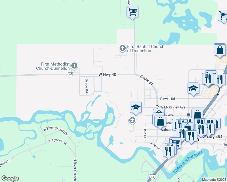 map of restaurants, bars, coffee shops, grocery stores, and more near 21181 Palatka Drive in Dunnellon