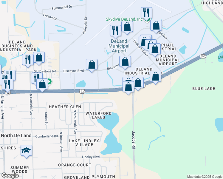 map of restaurants, bars, coffee shops, grocery stores, and more near East International Speedway Boulevard in DeLand
