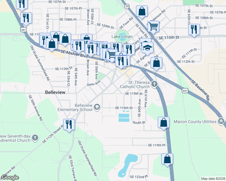 map of restaurants, bars, coffee shops, grocery stores, and more near 5750 Southeast 115th Street in Belleview